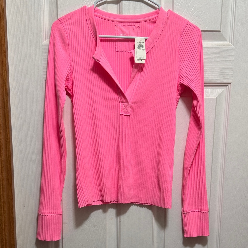 Aerie Hot Pink Ribbed Long Sleeve Top